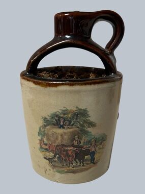 Brown Glazed Stoneware Pitcher Vase with Country Scene